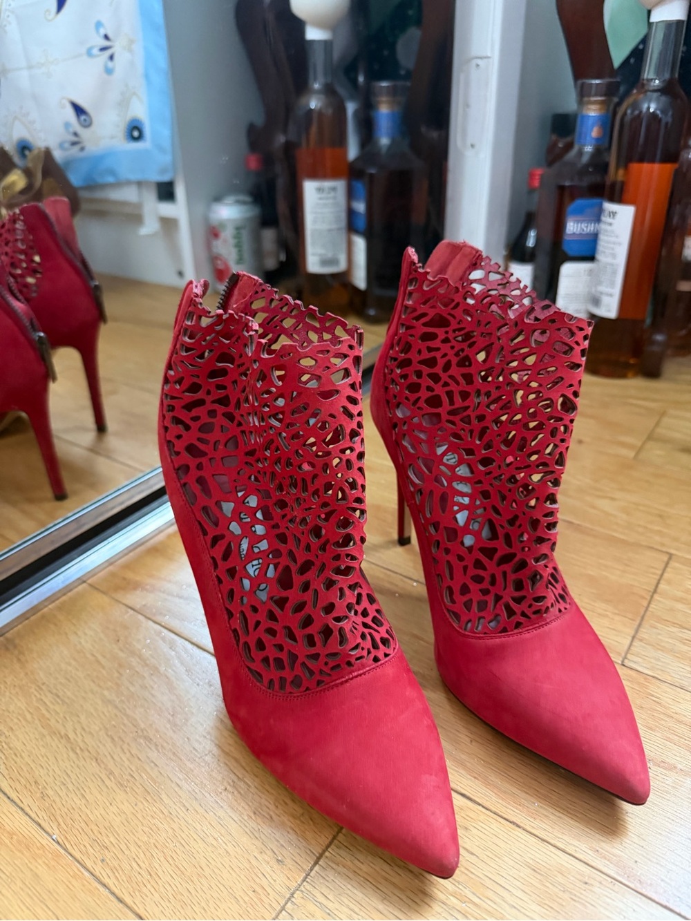 Jimmy Choo Red Laser-Cut Suede Pointed Ankle Boots